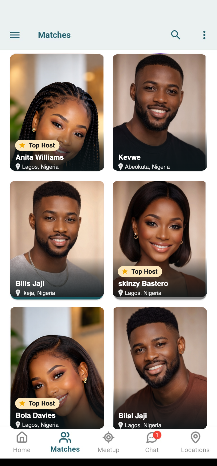 The Boredom matches screen showing people across Nigeria