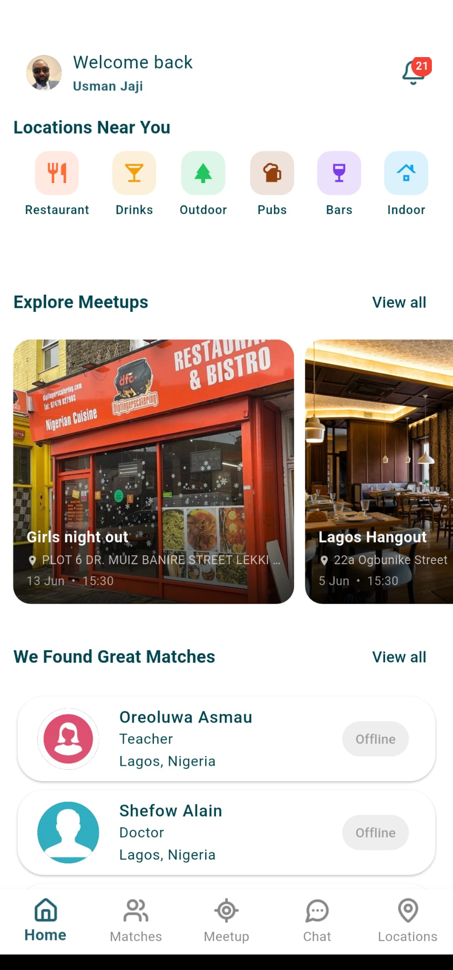 The Boredom app showing locations near you, meetups to explore, and matched people across Lagos