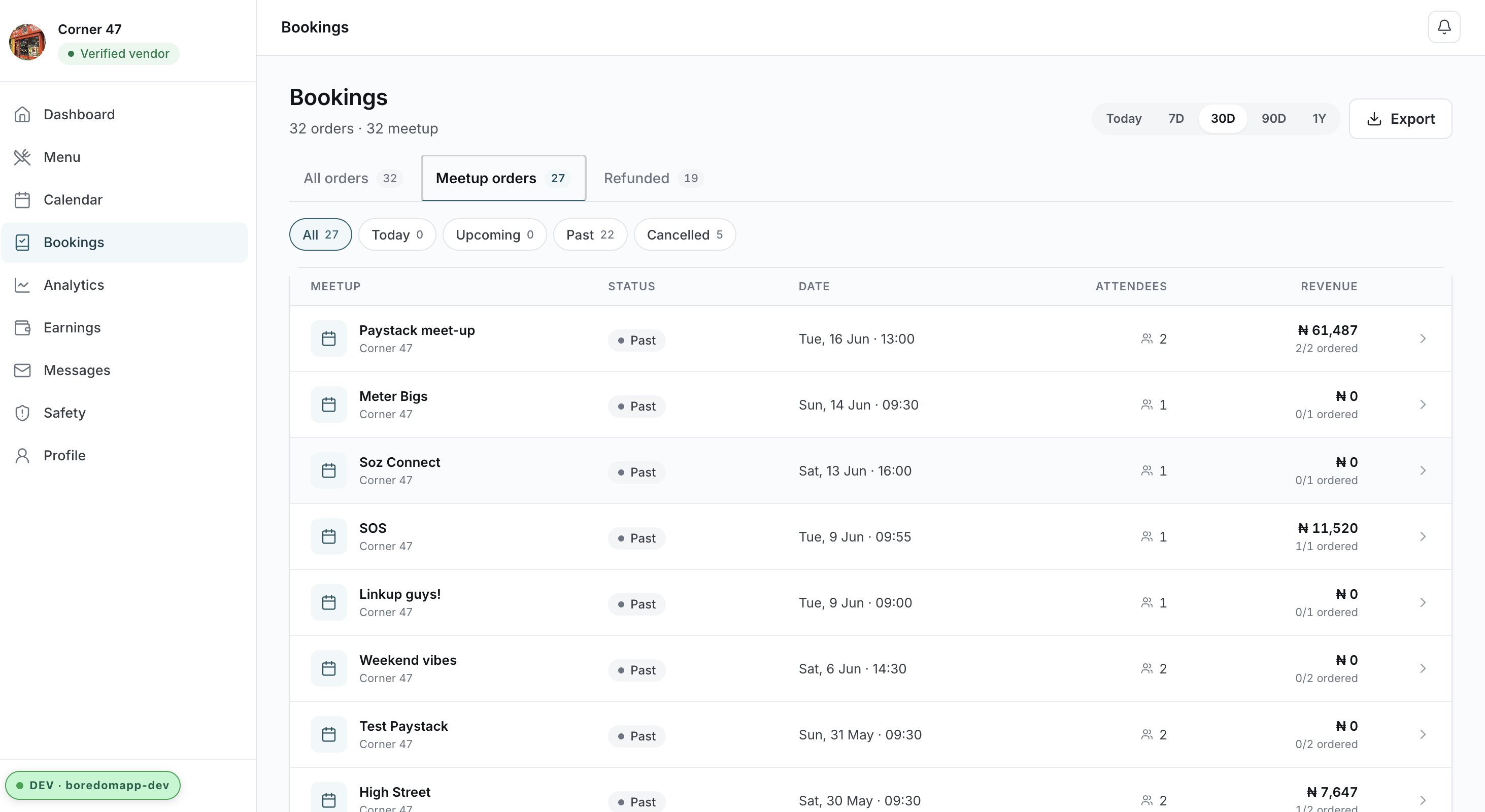 Boredom vendor bookings list with meetup orders, status, dates, attendees and revenue