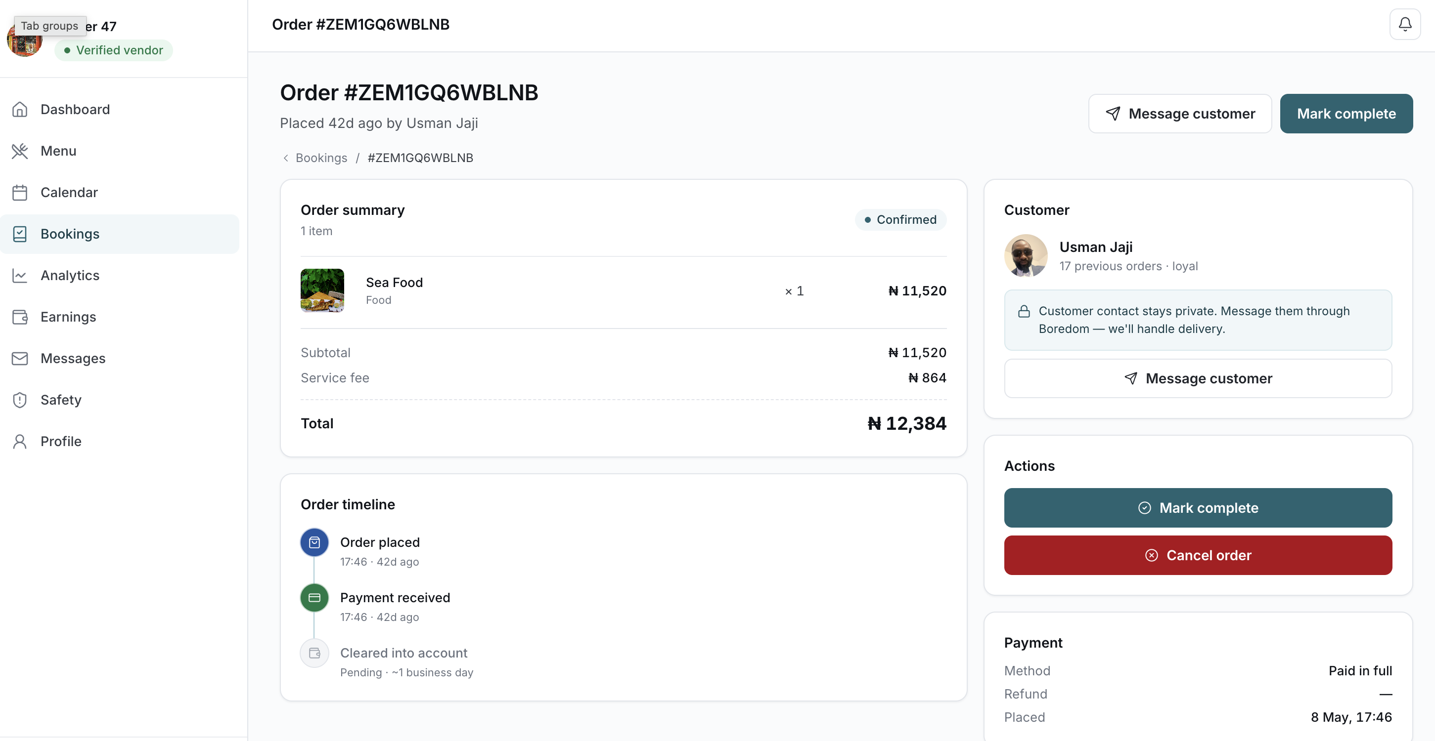 A Boredom vendor order detail showing items, customer, timeline and Paystack payment status